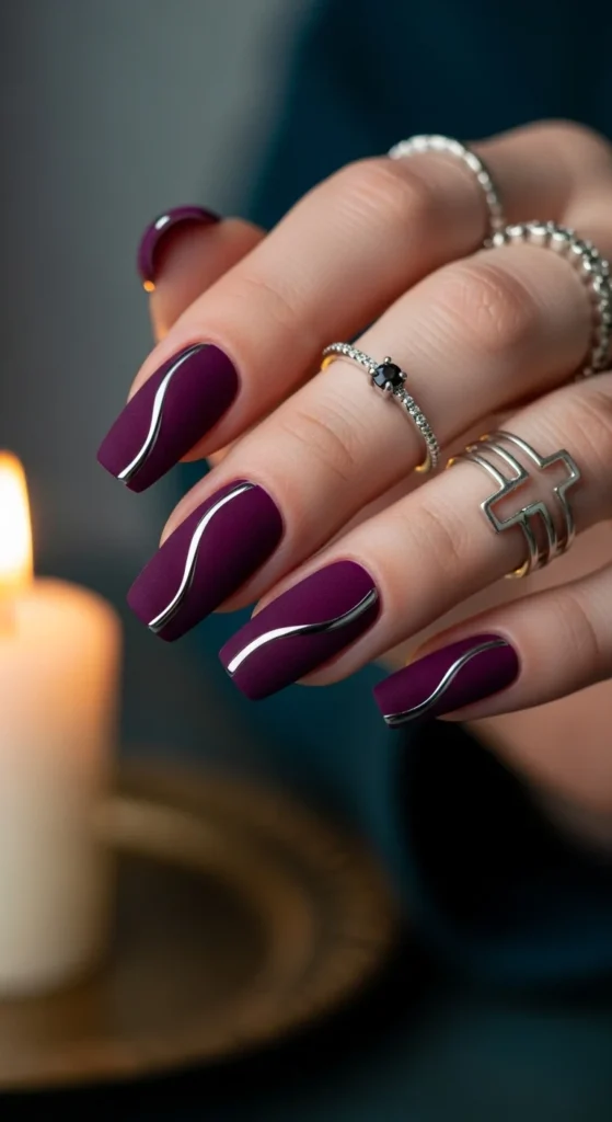 Velvet purple nails with silver chrome accent line in moody fall lighting.