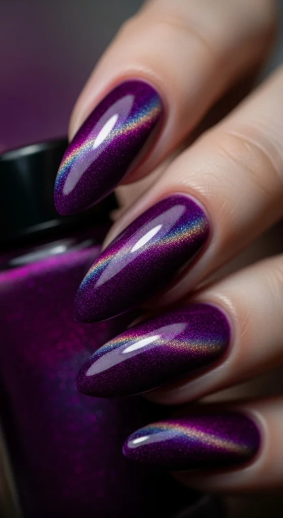 Almond nails in orchid purple with velvet cat-eye shimmer effect.