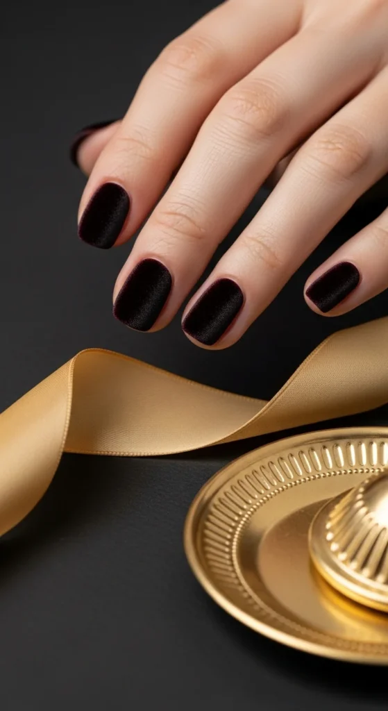 Cinematic spotlight on short velvet black-cherry nails above a flickering candle.”
