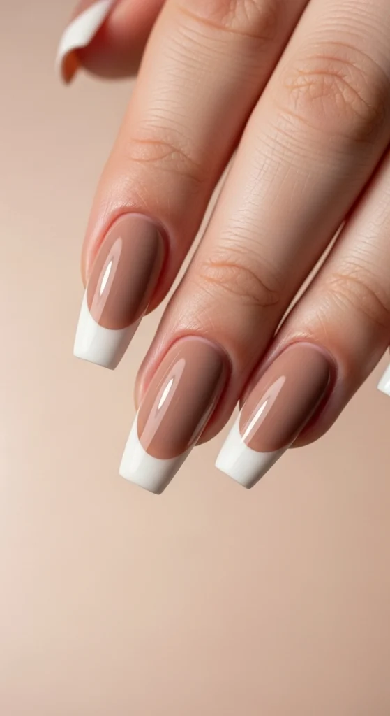 15 Fall Nail Art Ideas for 2026: Warm Tones, Foils & Seasonal Styles 3 Macro top view of coffin-shaped nails in matte warm taupe with glossy French tips, set against a soft beige gradient background in natural daylight.