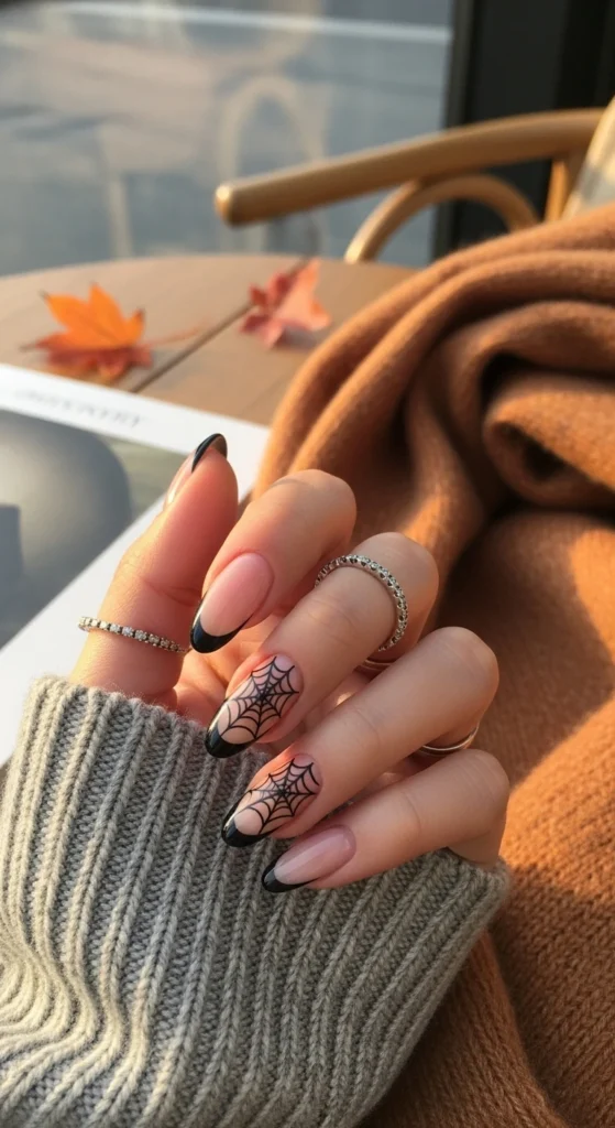 Clear nude nails with sleek black French tips and fine spider-web details, minimal Halloween nail art.