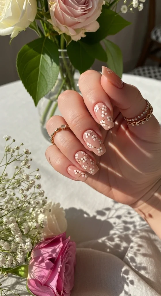 Close-up of almond nails with nude polish and delicate white baby’s breath floral accents.
