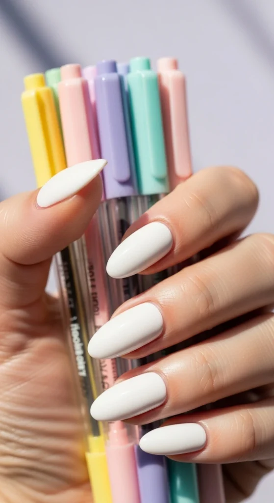 Glossy white almond nails holding pastel gel pens against a lavender background.