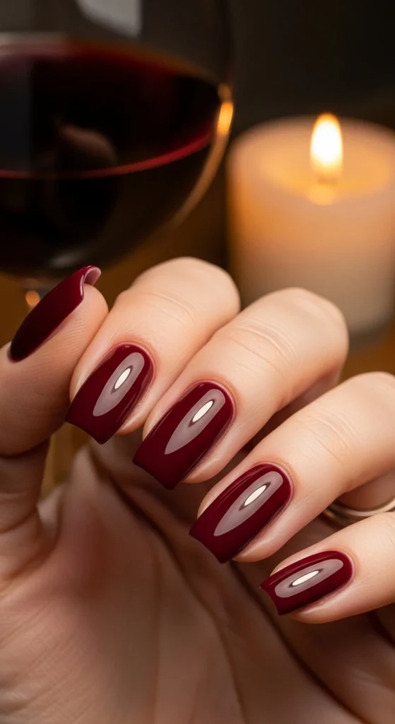 21 Fall Nails Inspiration 2026! Chic Trendy Autumn Manicures 5 Glossy wine-red almond nails at a softly lit candlelit table, romantic evening vibe.