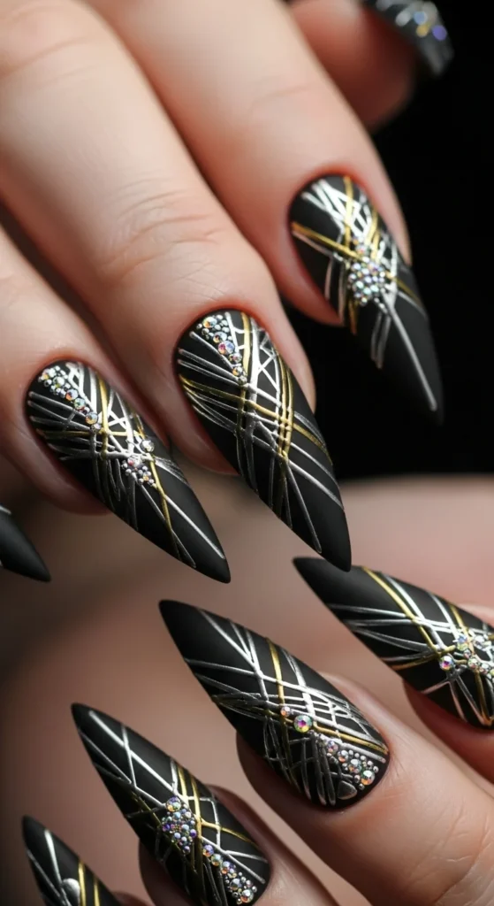 The Ultimate Nail Shape Guide: Choose & Master Your Look 10 Avant-garde nail art close-up of edge-shaped nails with metallic geometric designs.
