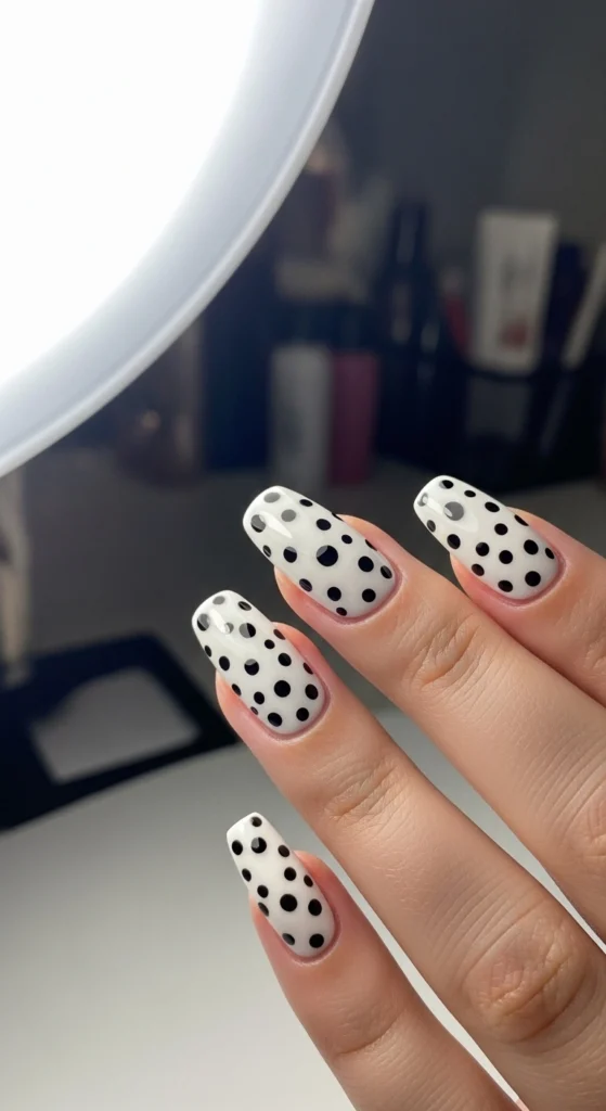 15 Must Try Trendy Back to School Nail Ideas 2026 16 glossy-white-with-black-polka-dots