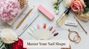 Stylish flat-lay composition on a marble vanity: nail tools (glass file, buffer, cuticle oil dropper), color swatches on nail tips showing shapes—round, almond, square, coffin, stiletto—arranged in a fan-like layout.