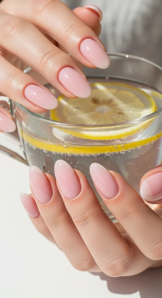 How to Shape Your Nails Like a Pro (Round, Almond, Coffin & More) 3 Macro shot of oval-shaped nails painted in sheer baby pink. Hands are holding a clear glass teacup with lemon water.