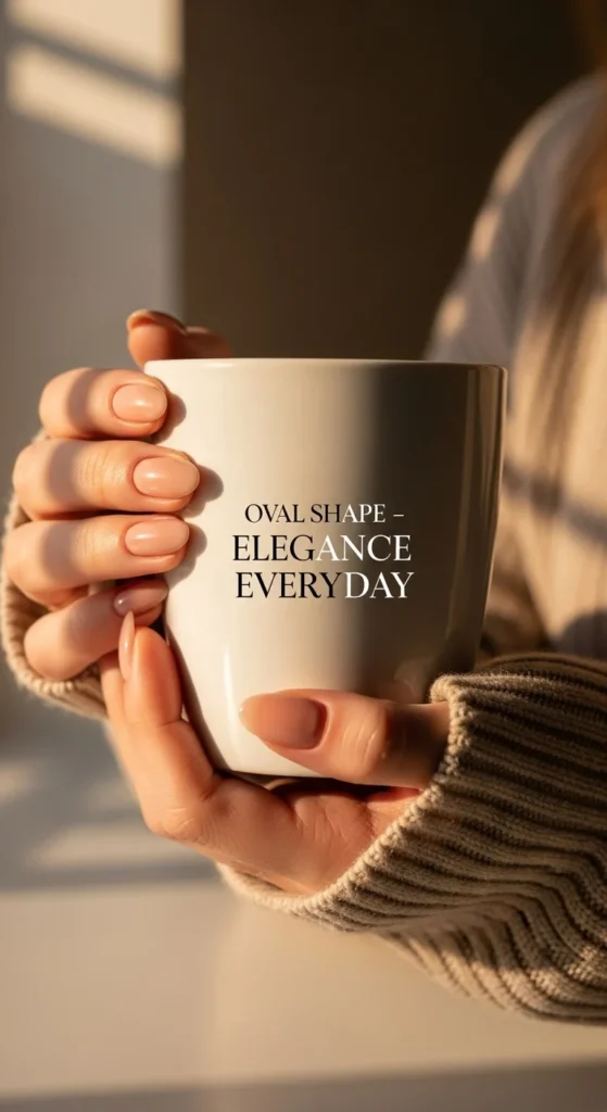 The Ultimate Nail Shape Guide: Choose & Master Your Look 5 Editorial-style portrait of a hand with natural oval nails holding a coffee mug.