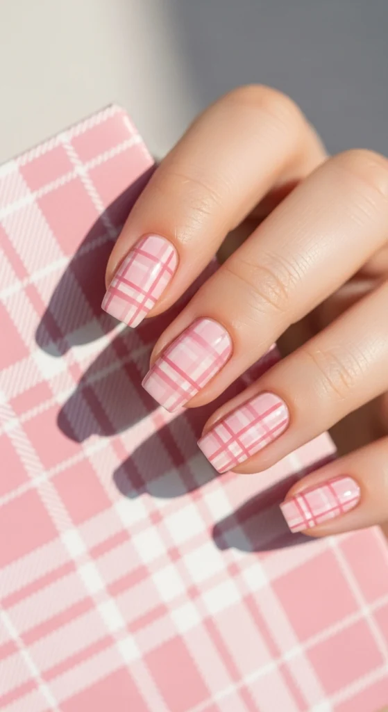 15 Must Try Trendy Back to School Nail Ideas 2026 10 pink-plaid-nails