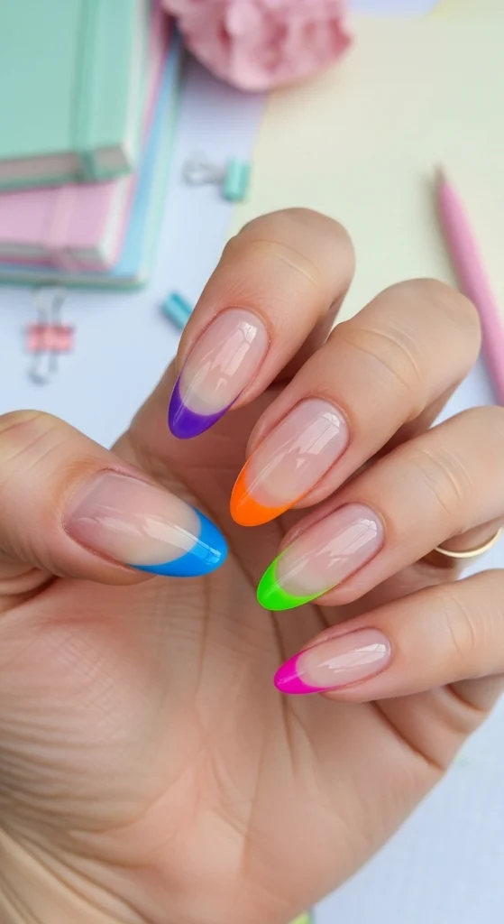 15 Must Try Trendy Back to School Nail Ideas 2026 6 rainbow-tips-on-clear-base