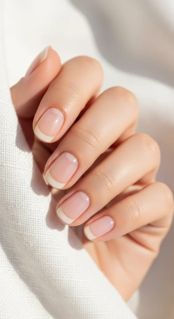 How to Shape Your Nails Like a Pro (Round, Almond, Coffin & More) 2 Shape your nails. Close-up of natural round-shaped nails on a hand resting on a white linen cloth. Nails are short, softly curved at the edges, with a clear gloss polish.