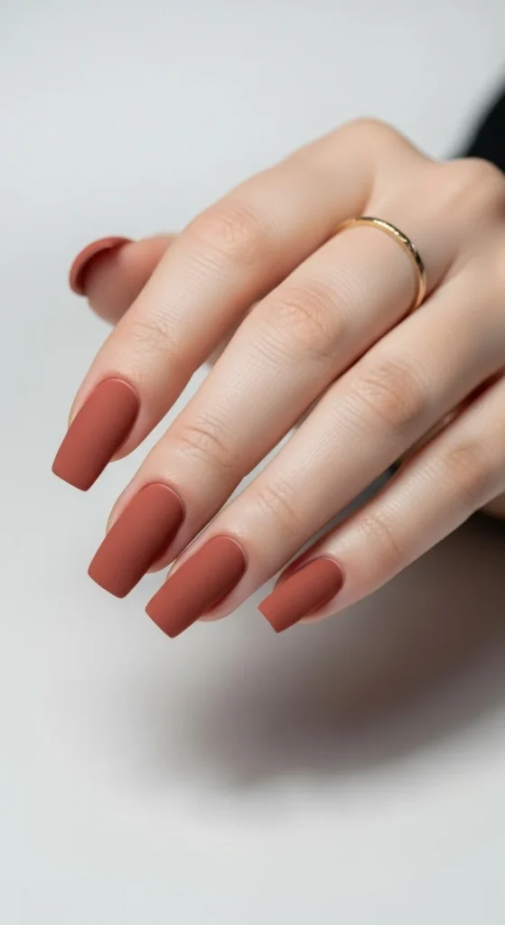 How to Shape Your Nails Like a Pro (Round, Almond, Coffin & More) 4 A close-up, top-down shot of a single hand showcasing beautifully manicured square-shaped nails. The nails are painted in a bold, opaque color like a deep terracotta or a modern grey.