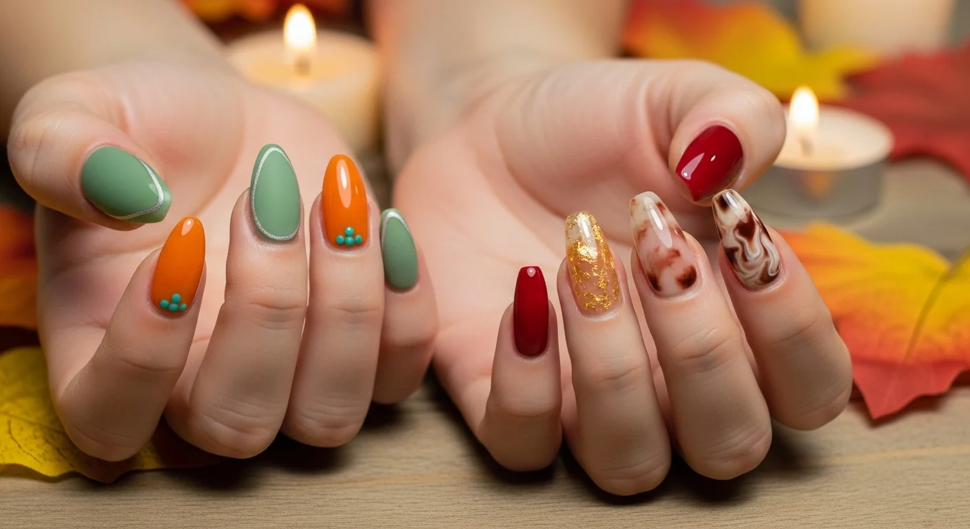 20 Chic September Nail Designs for 2026 That Capture Fall’s First Glow 1 image showing September nail designs with fall colors including sage, pumpkin, wine, amber, and marble against a cozy autumn background.