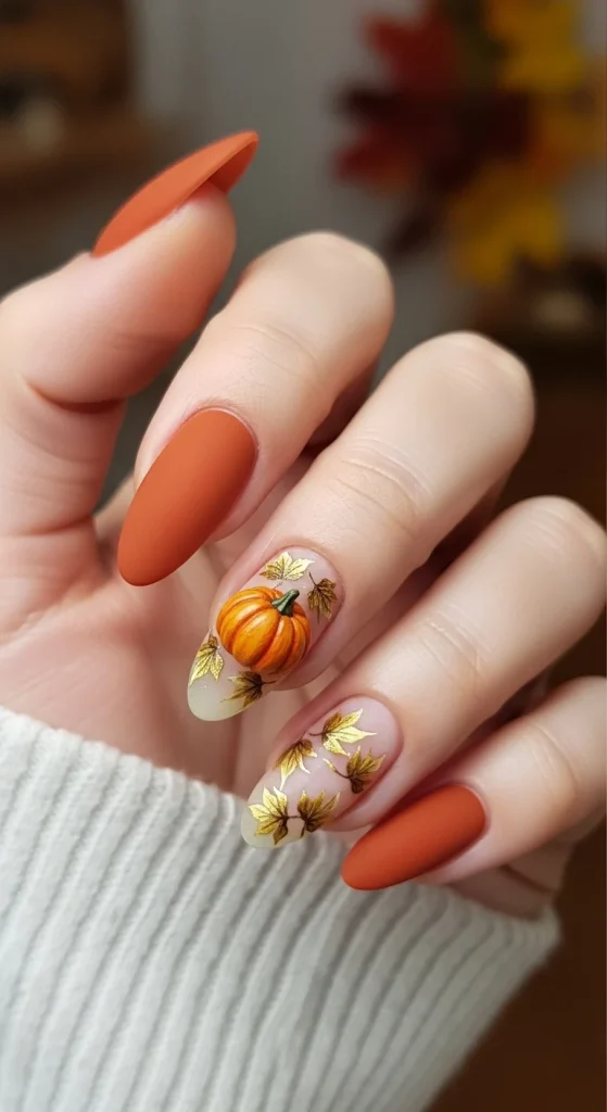 Almond nails with a 3D sculpted pumpkin and gold leaf accents.
