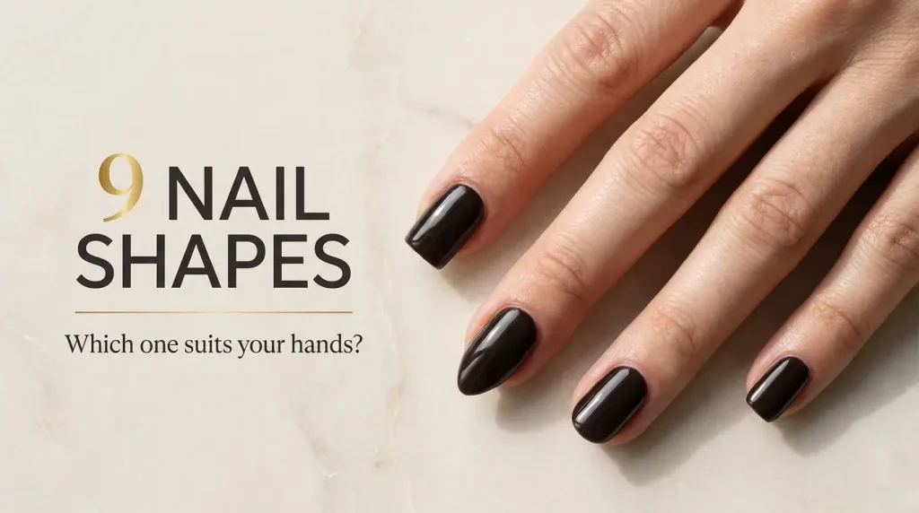 Nine nail shapes guide cover — a hand with square, almond, round and squoval nails in deep espresso polish on pale stone