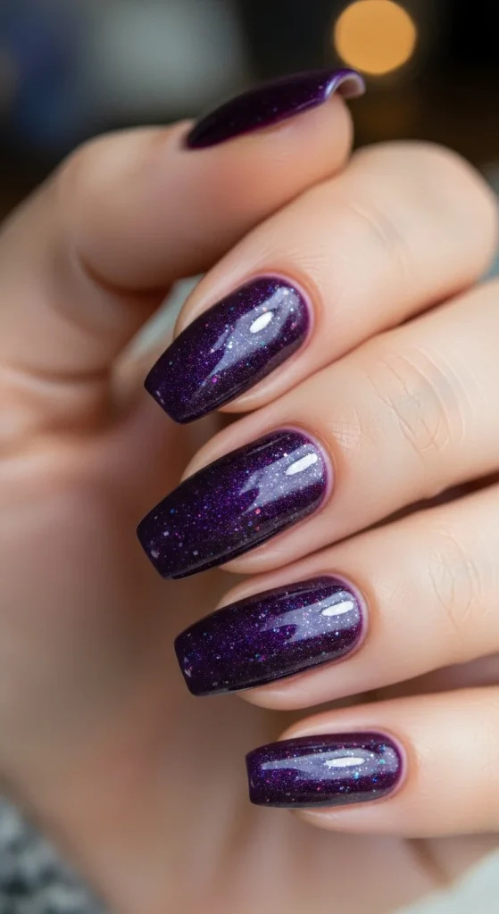 Coffin nails in amethyst purple with shimmer.