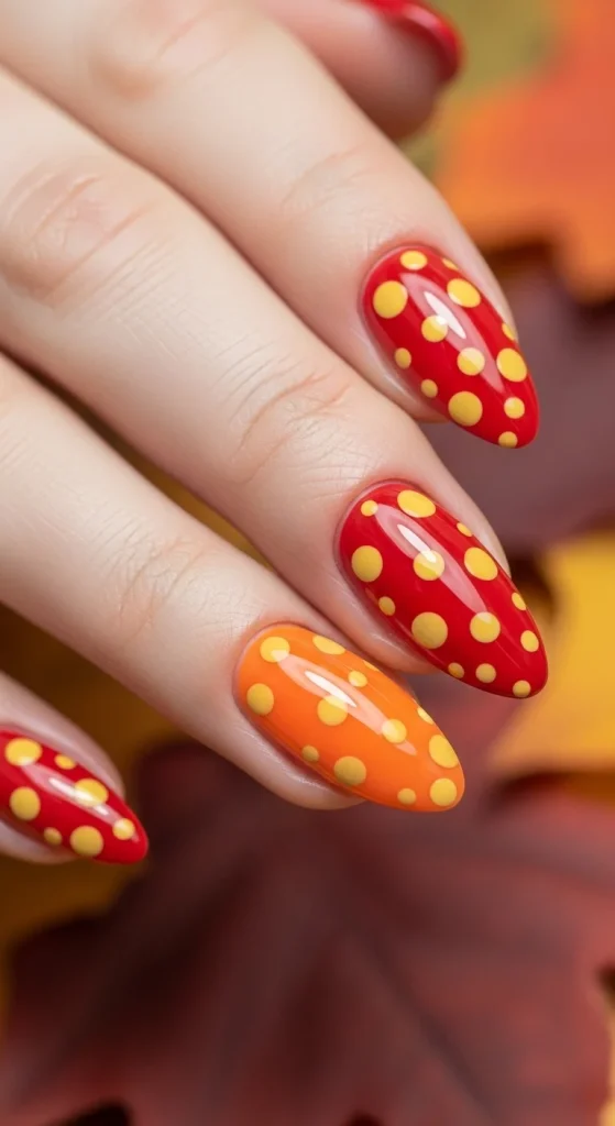 Gradient autumn nails from orange to red with mustard yellow polka dots.