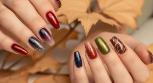 Hands showing different autumn nail designs including wine red chrome, smoky plum aura, burnt rust ombré, navy galaxy, olive chrome, and chocolate marble.