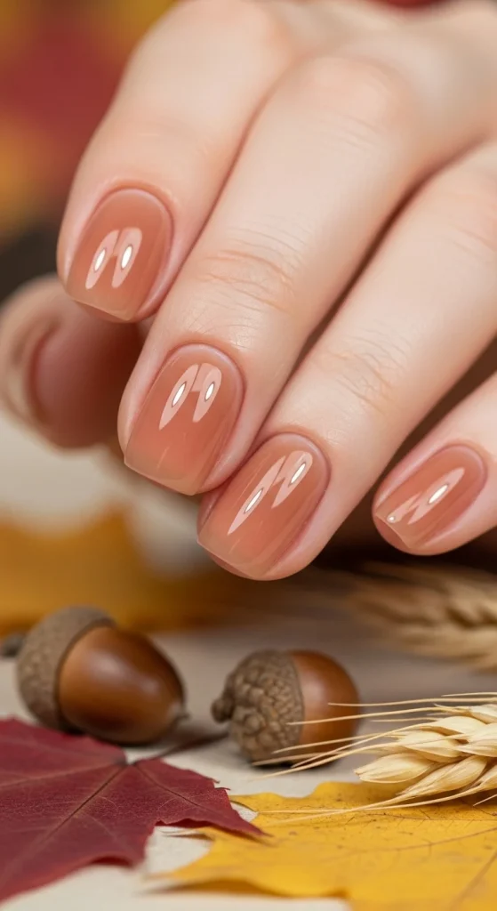 Barely brown sheer glossy nails, minimal autumn manicure 2025.