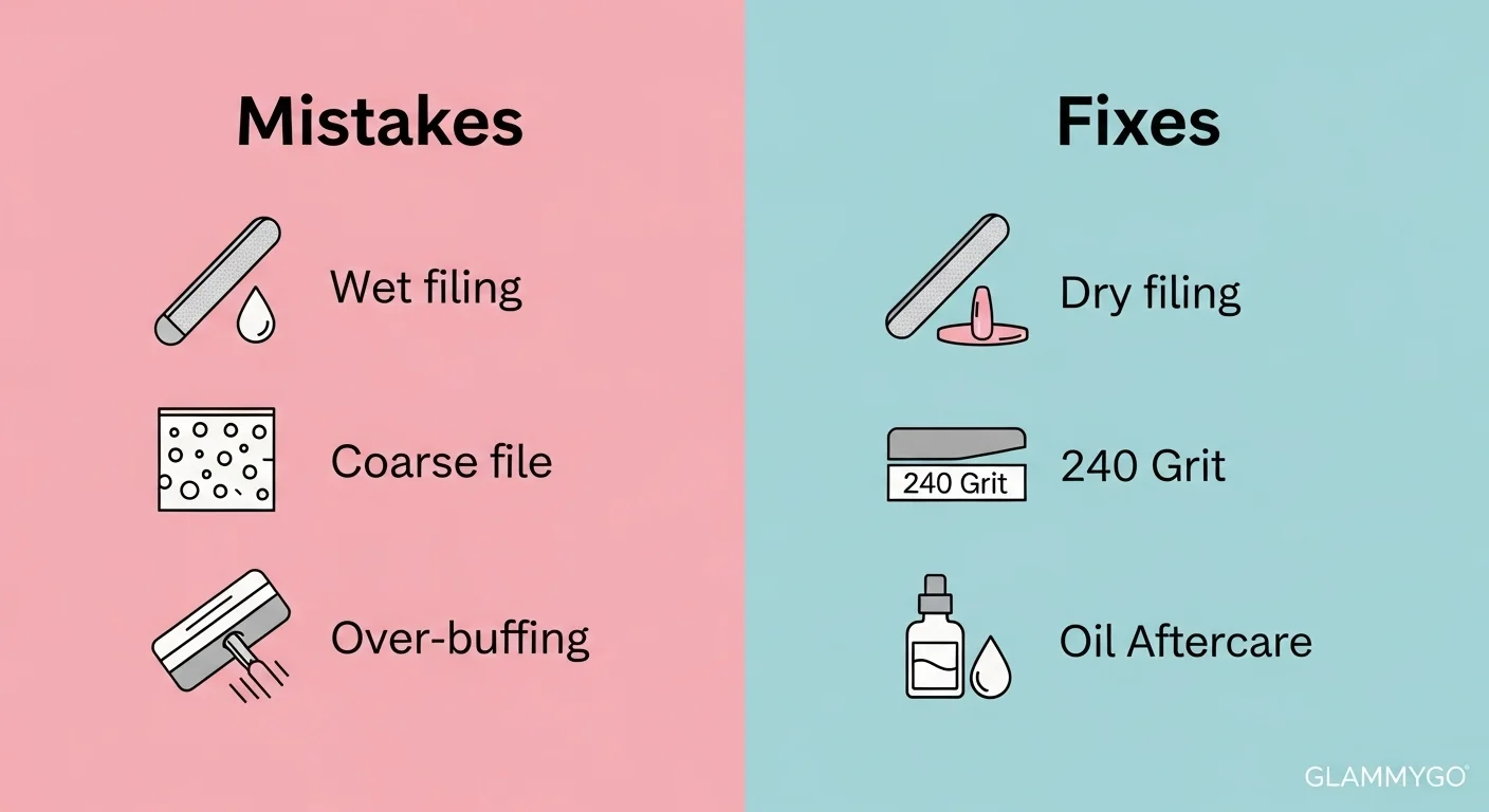 Beginner’s Guide: How to File & Shape Nails Safely (2026 Edition) 6 A close-up of split and peeling nail tips caused by over-filing