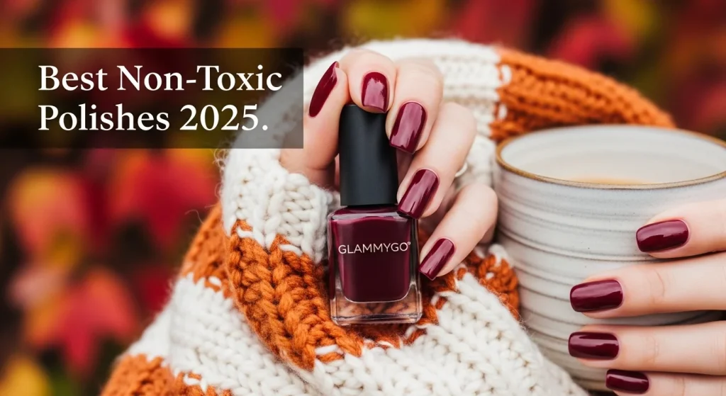 Best Non-Toxic Nail Products for Healthy Nails in 2026 3 Hand with glossy polish holding a wool scarf and coffee cup, Subtle GLAMMYGO branding on polish cap, fall leaves in background. Overlay text: “Best Non-Toxic Polishes 2025”
