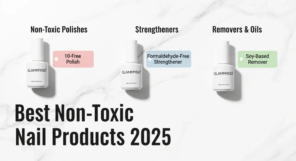 Best Non-Toxic Nail Products for Healthy Nails in 2026 34 Clean, infographic-style flat-lay on a white marble background. Three sections displayed visually: “Non-Toxic Polishes,” “Strengtheners,” “Removers & Oils.” Each section shows one bottle (GLAMMYGO branded) with a small pastel label card beneath it (e.g., “10-Free Polish,” “Formaldehyde-Free Strengthener,” “Soy-Based Remover”). Minimal shadows, modern Pinterest aesthetic.