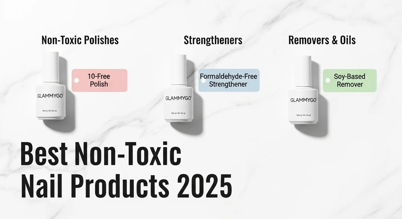 Best Non-Toxic Nail Products for Healthy Nails in 2026 1 Clean, infographic-style flat-lay on a white marble background. Three sections displayed visually: “Non-Toxic Polishes,” “Strengtheners,” “Removers & Oils.” Each section shows one bottle (GLAMMYGO branded) with a small pastel label card beneath it (e.g., “10-Free Polish,” “Formaldehyde-Free Strengthener,” “Soy-Based Remover”). Minimal shadows, modern Pinterest aesthetic.