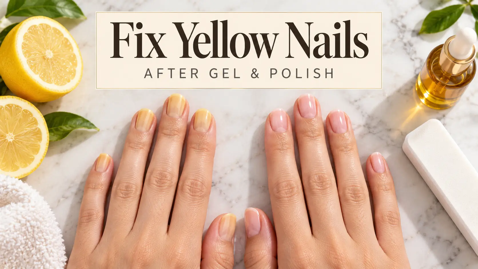 Best Remedies for Yellow Nails After Gel & Polish (2026 Guide) 1 Two hands on white marble comparing yellow-tinted nails with clean healthy nails, beside lemon halves and a dropper bottle of oil