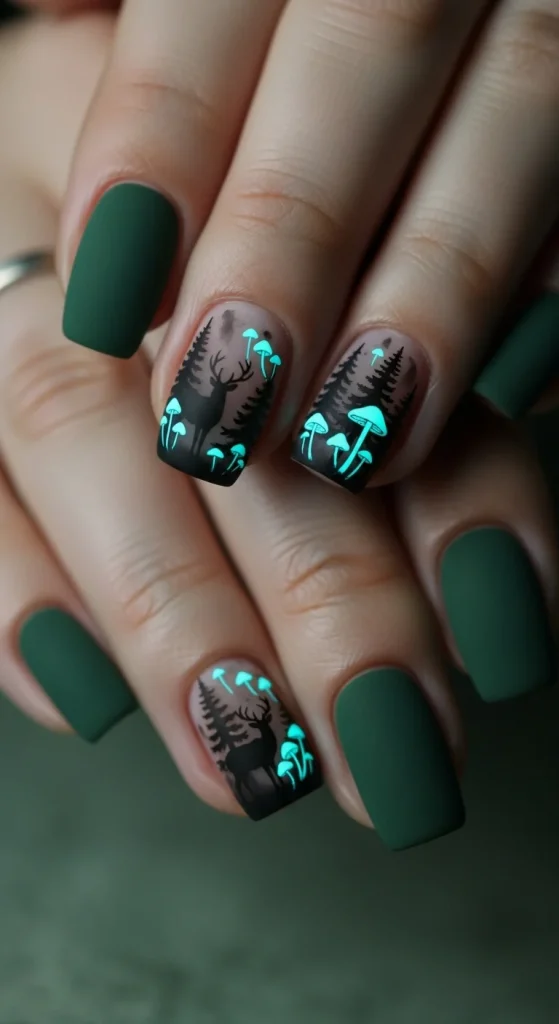 Forest green Halloween nails with glowing neon fungi designs