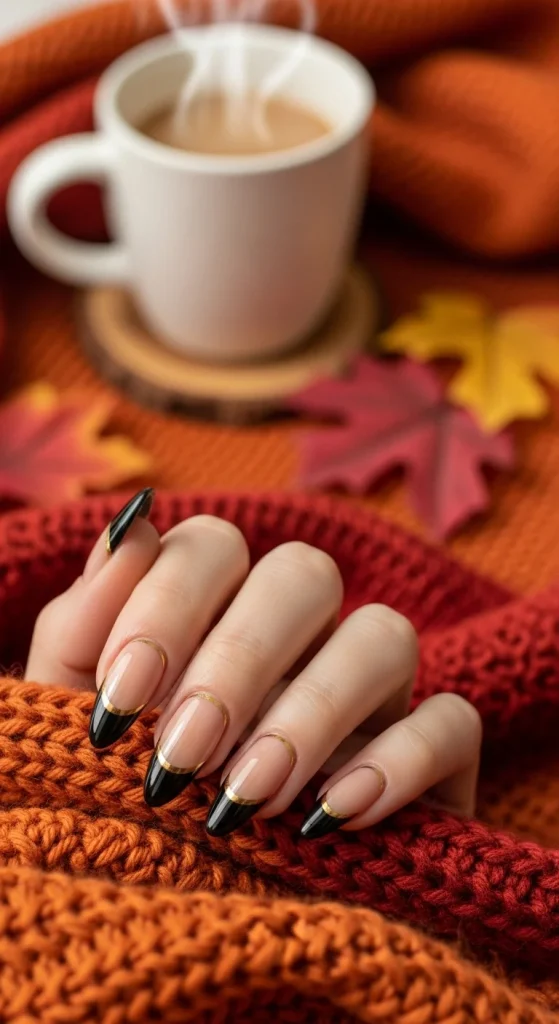 Black Fall Nails 2026: 19 Trendy Designs You’ll Love 10 Almond nails with black tips outlined in thin gold edge.