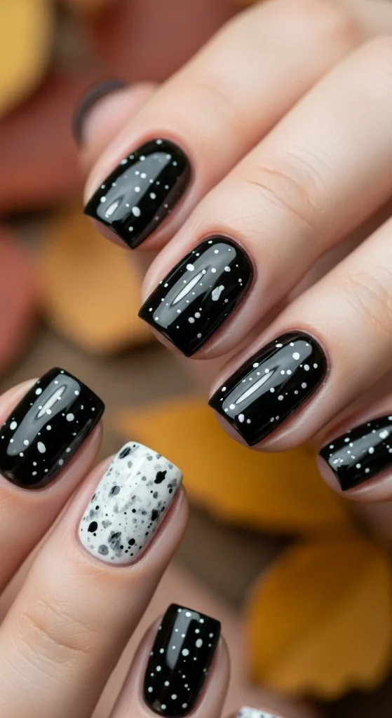 Black Fall Nails 2026: 19 Trendy Designs You’ll Love 19 Short glossy black nails with granite stone speckled effect.