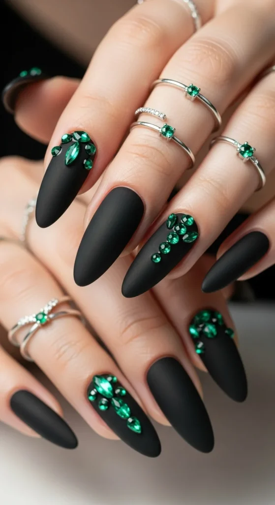 Black Fall Nails 2026: 19 Trendy Designs You’ll Love 18 Black nails with emerald gemstone accents.