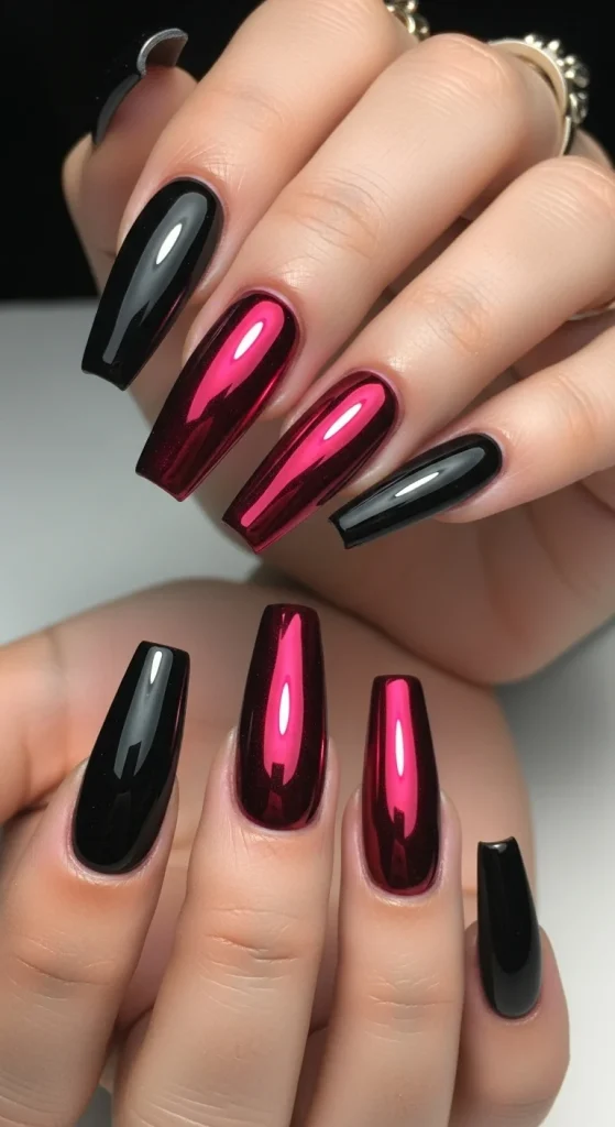Black to red chrome ombré nails inspired by the blood moon