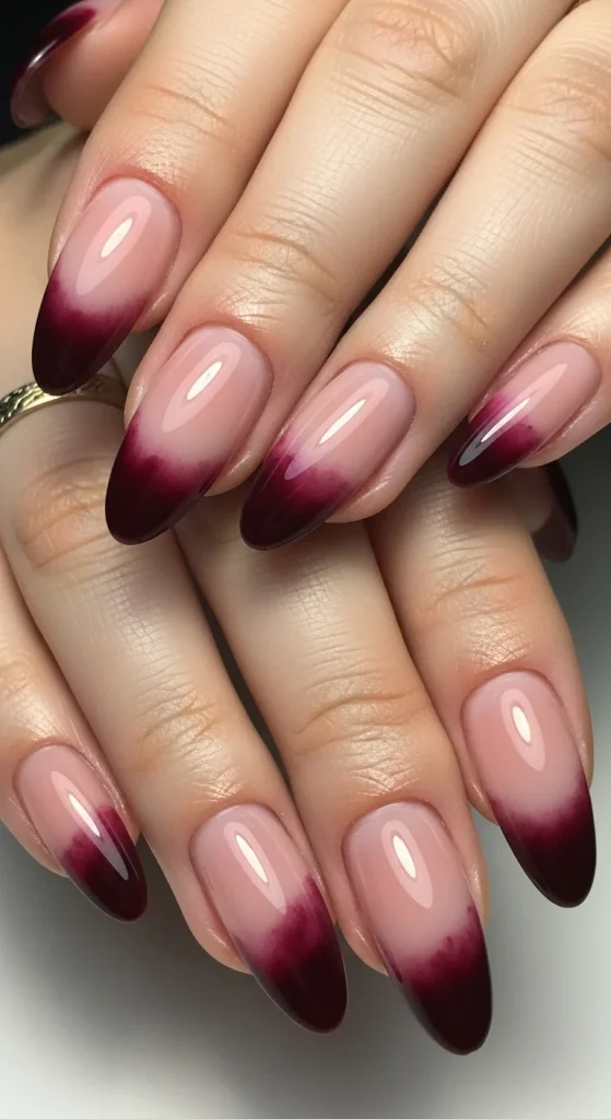 20 Chic September Nail Designs for 2026 That Capture Fall’s First Glow 16 Nude nails with wine-stained red tips.