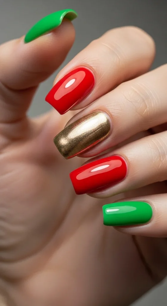  Apple green, and red glossy square nails, colorful nail trend 2026.