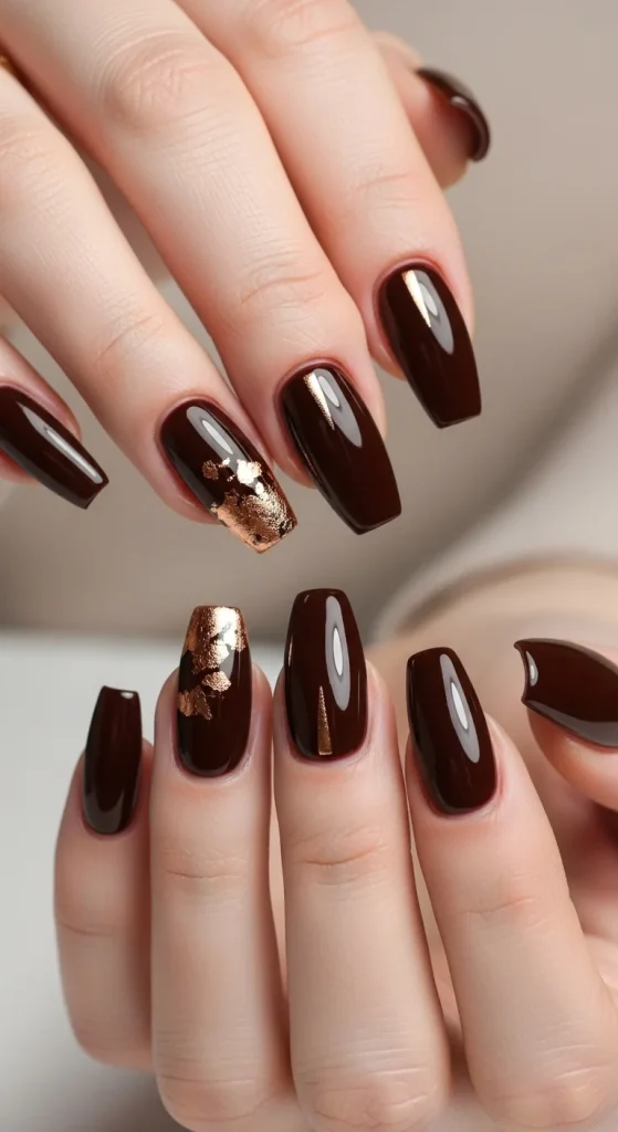 Espresso bronze foil accent nails, autumn 2025 manicure.