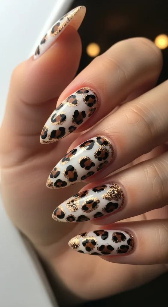 Bronze glitter leopard nails styled for festive fall season.