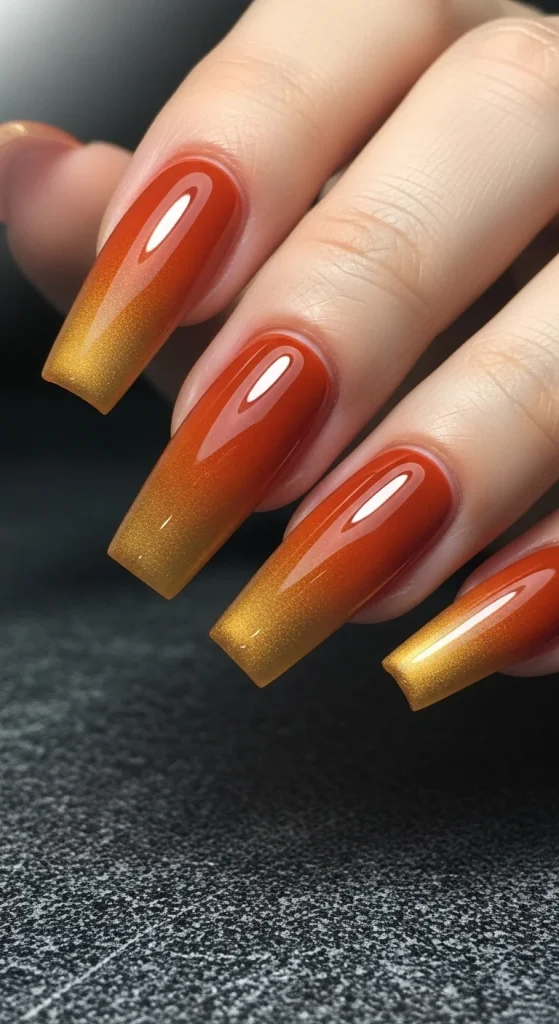 Burnt rust ombre nails with golden amber tips, fall trend 2025.