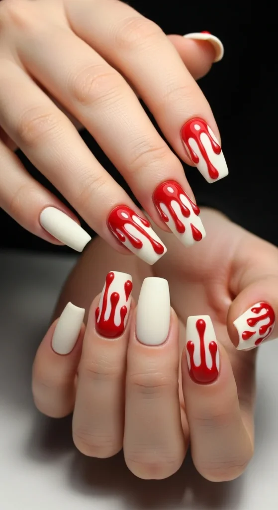 : Ivory Halloween nails with glossy scarlet candle wax drips