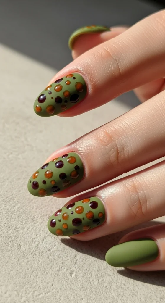 Olive green nails dotted with caramel and burgundy accents.