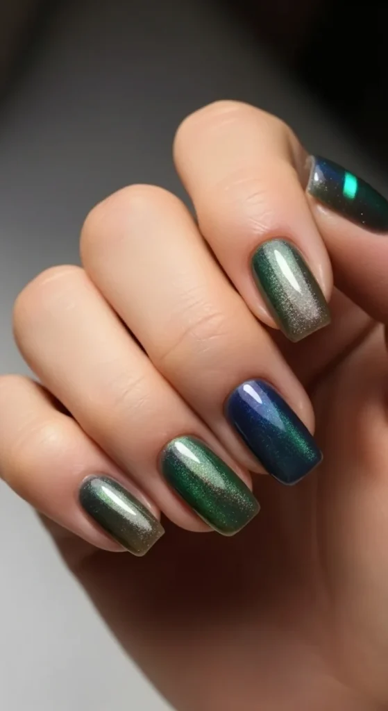 Green and navy magnetic cat eye nails with glowing stripe effect, trending in 2026.