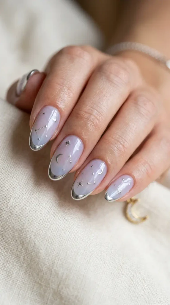 Celestial glass French nails with milky lavender polish, silver chrome tips, stars, and crescent moon details