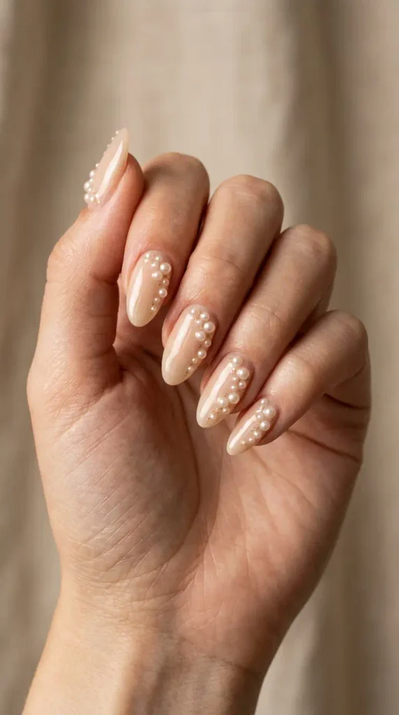September Nails Inspiration: 13 Must-Try Manis That Scream Summer’s Final Glow 14 Champagne pearl nails with delicate raised pearl accents on a milky nude base