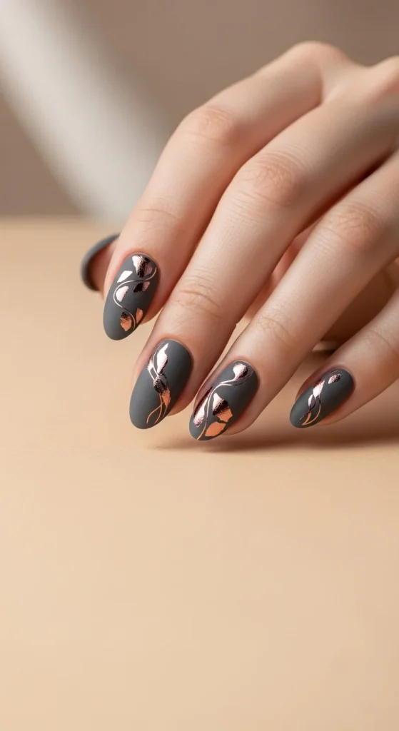 20 Chic September Nail Designs for 2026 That Capture Fall’s First Glow 17 Charcoal matte nails with rose gold foil accents