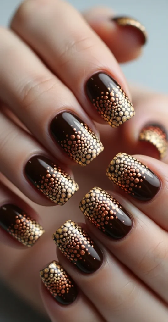 Dark brown nails with glowing copper and champagne dots.