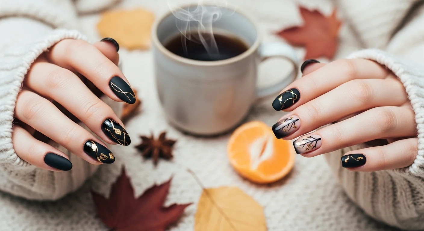 Black Fall Nails 2026: 19 Trendy Designs You’ll Love 1 Black fall nails 2025 featuring almond and short shapes in matte, glossy, and artistic autumn designs.