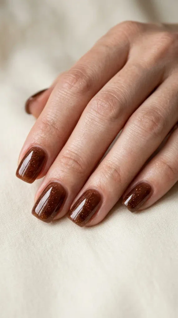 September Nails Inspiration: 13 Must-Try Manis That Scream Summer’s Final Glow 5 Chocolate shimmer jelly nails with glossy brown polish and fine bronze sparkle