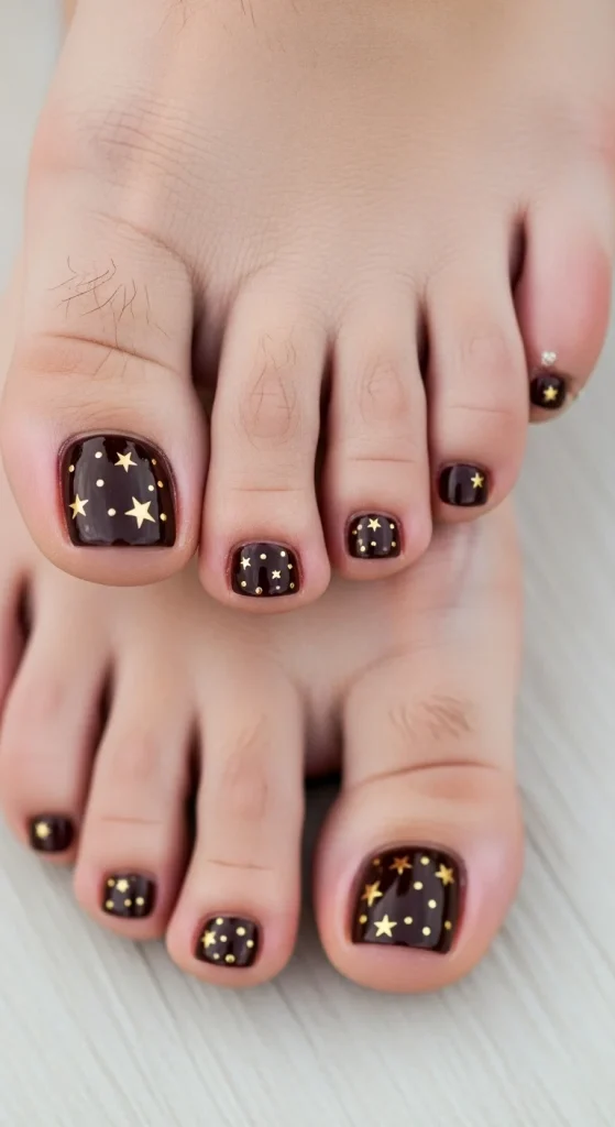 15 Trendy Fall Toe Nails Designs 2026 for the Perfect Cozy Pedicure 15 Chocolate toe nails with gold star accents.