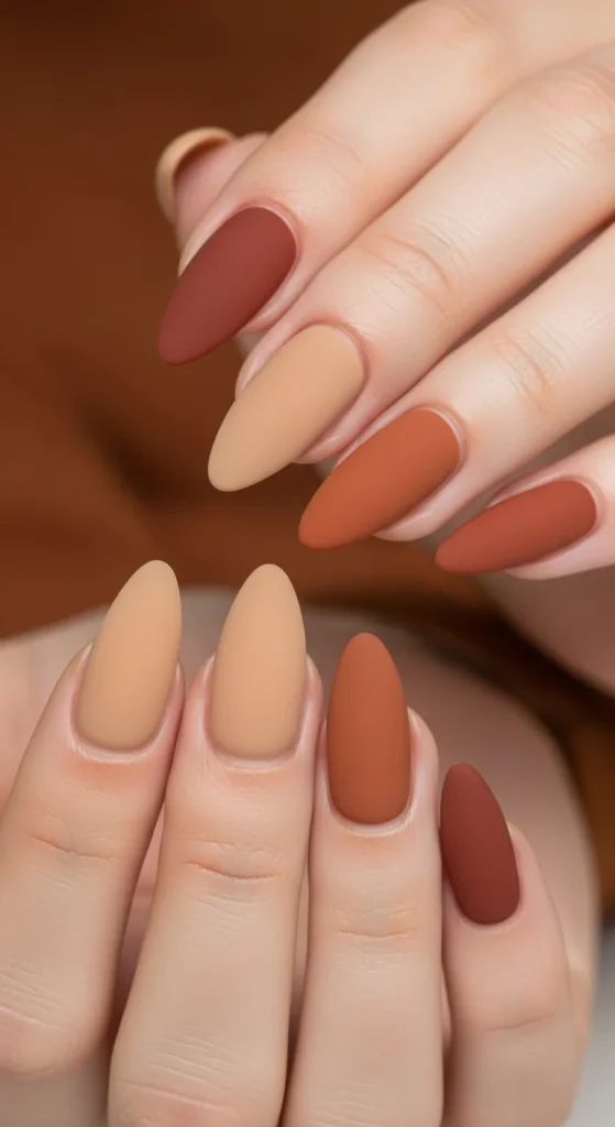 25 Fall Matte Nails 2026 | Trendy Autumn Colors & Velvet Chic Ideas 10 Matte cinnamon-toned skittle nails in almond shape.
